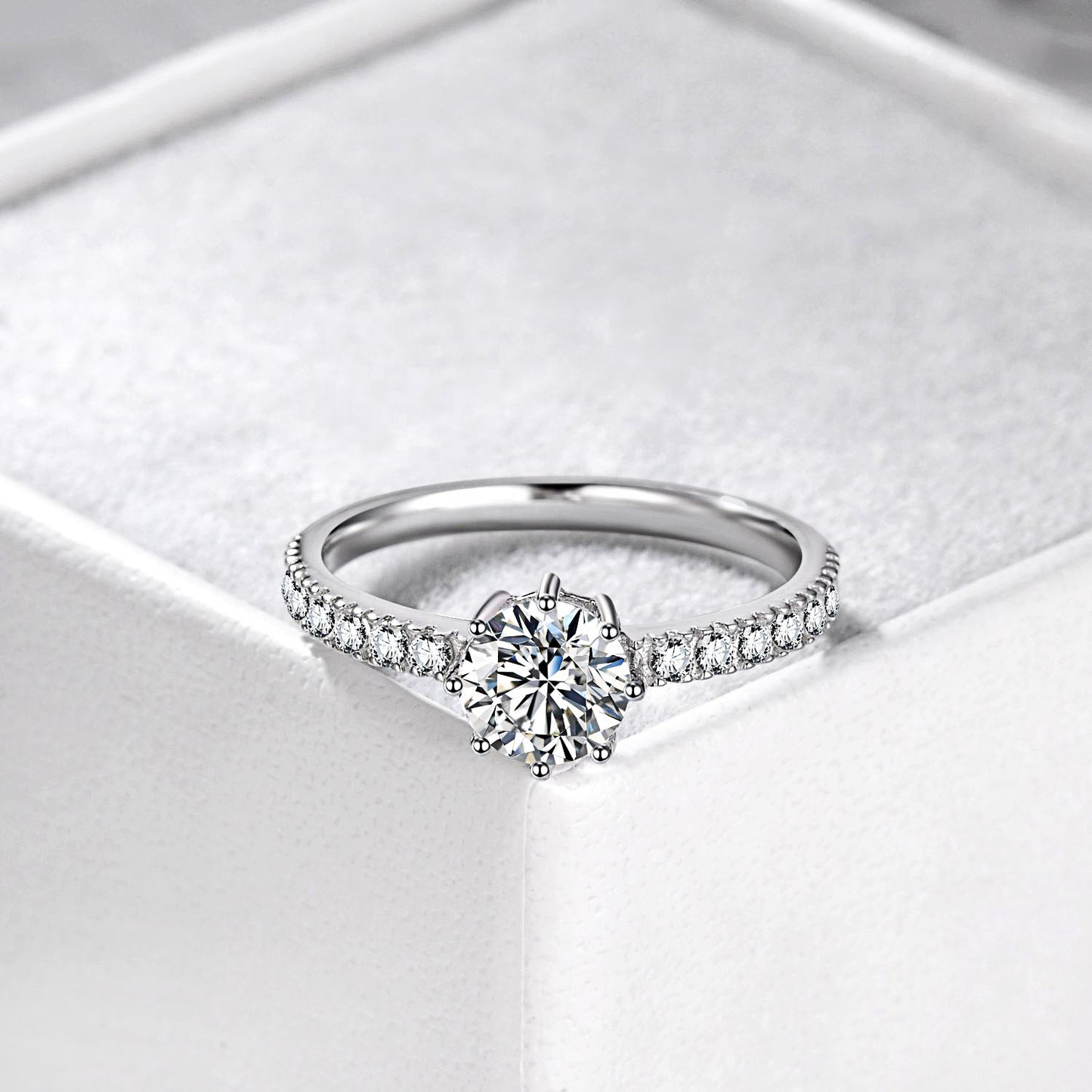 Fashion Jewelry 925 Sterling Silver Ring Round Solitaire Cubic Zirconia Engagement Ring Halo Promise Women Ring