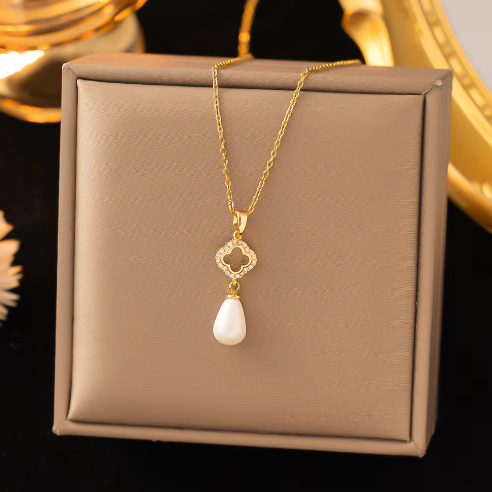 Luxury 18K Gold Plated Pendant Necklace with Pearl, Zircon, Clover & Butterfly Charm