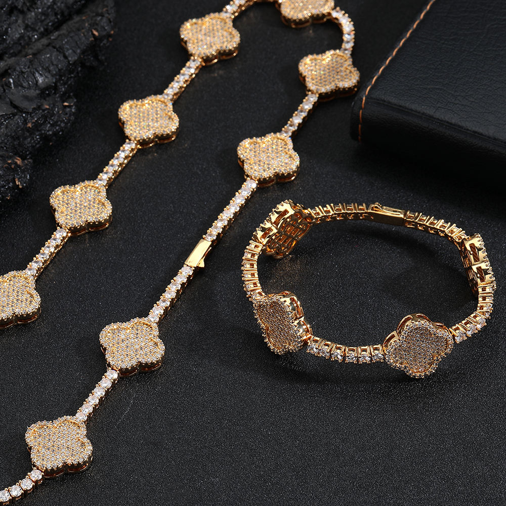 Hip Hop Jewelry Fine Chain Four Leaf Clover Tennis Chain Bracelet for Women/Girls 18K Gold Plated CZ Diamond Tennis Bracelet