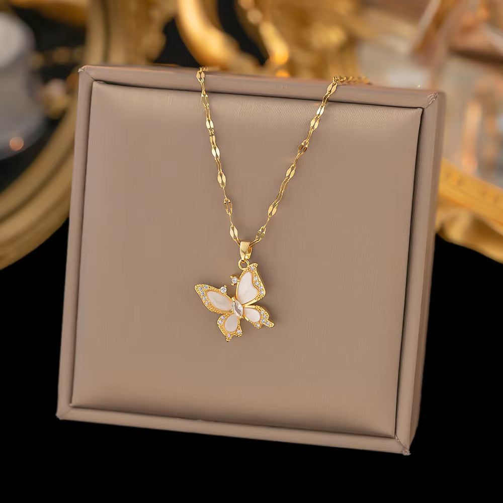 Luxury 18K Gold Plated Pendant Necklace with Pearl, Zircon, Clover & Butterfly Charm