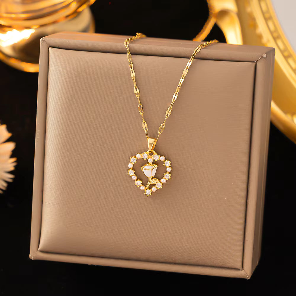 Luxury 18K Gold Plated Pendant Necklace with Pearl, Zircon, Clover & Butterfly Charm