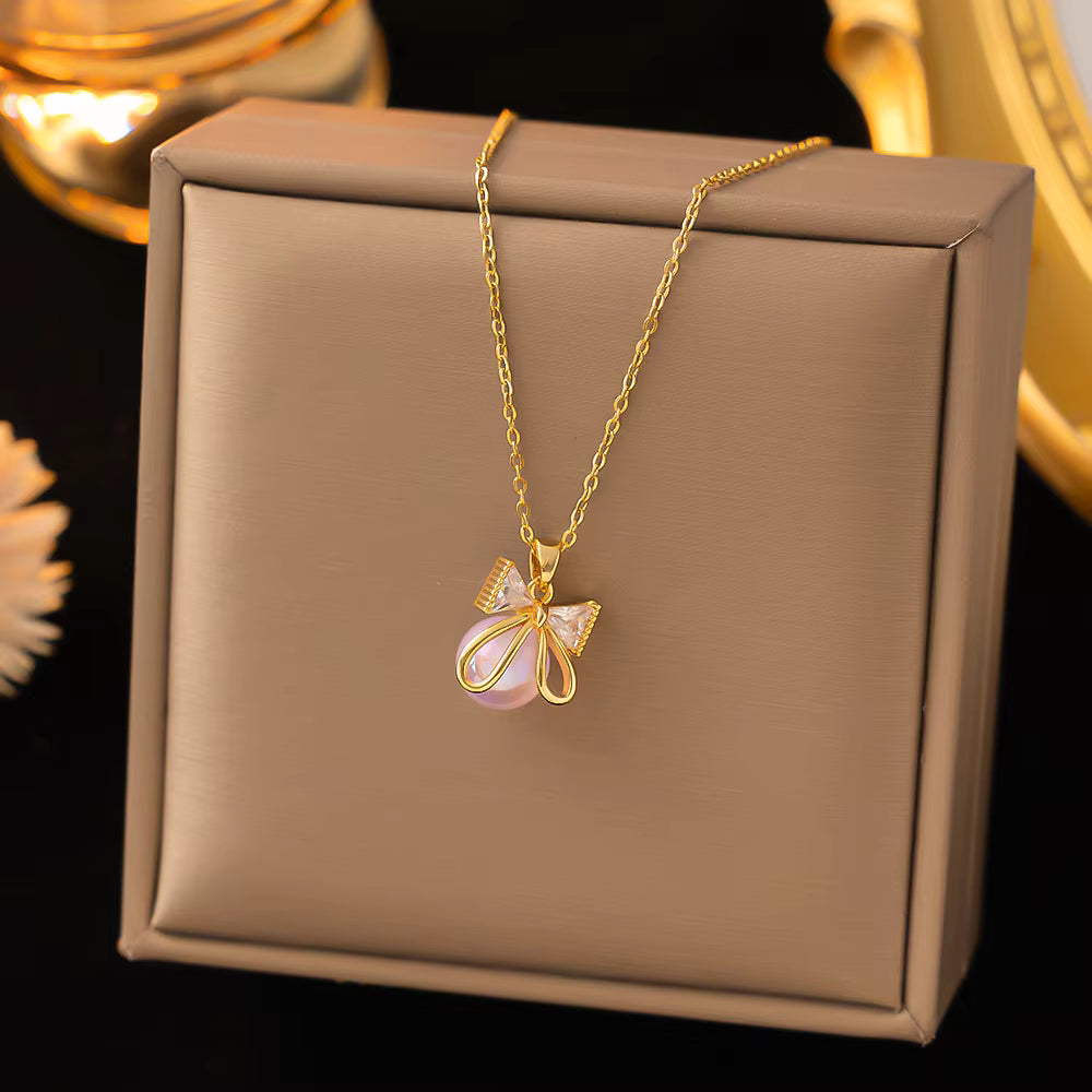 Luxury 18K Gold Plated Pendant Necklace with Pearl, Zircon, Clover & Butterfly Charm