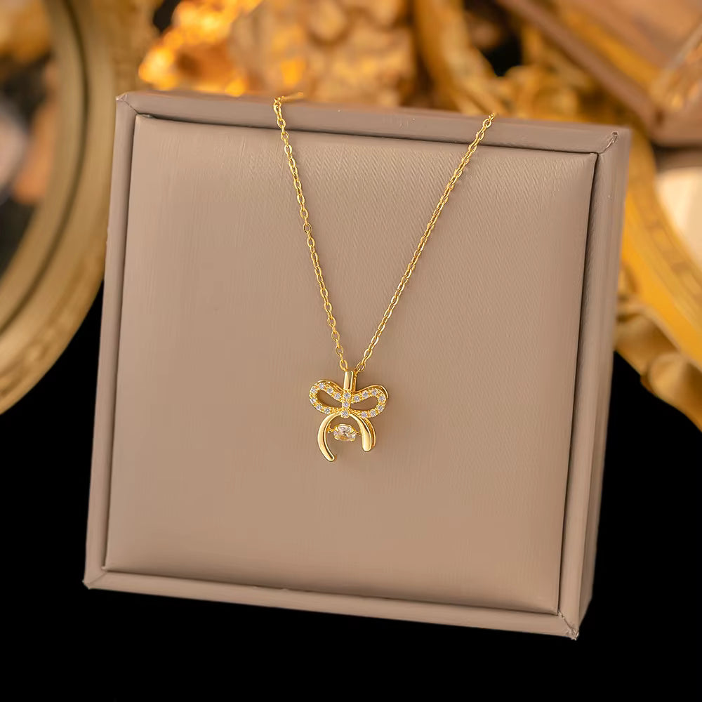 Luxury 18K Gold Plated Pendant Necklace with Pearl, Zircon, Clover & Butterfly Charm