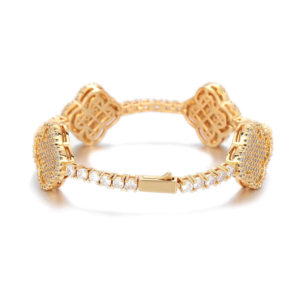 Hip Hop Jewelry Fine Chain Four Leaf Clover Tennis Chain Bracelet for Women/Girls 18K Gold Plated CZ Diamond Tennis Bracelet