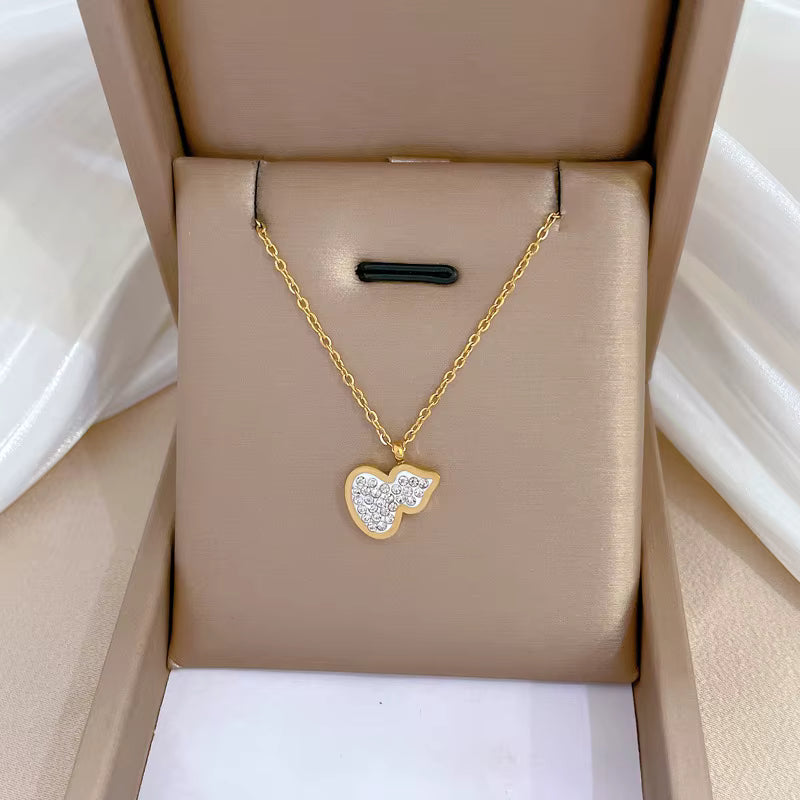 Hot Selling Statement Gold Stainless Steel Heart Butterfly Pendant Necklace