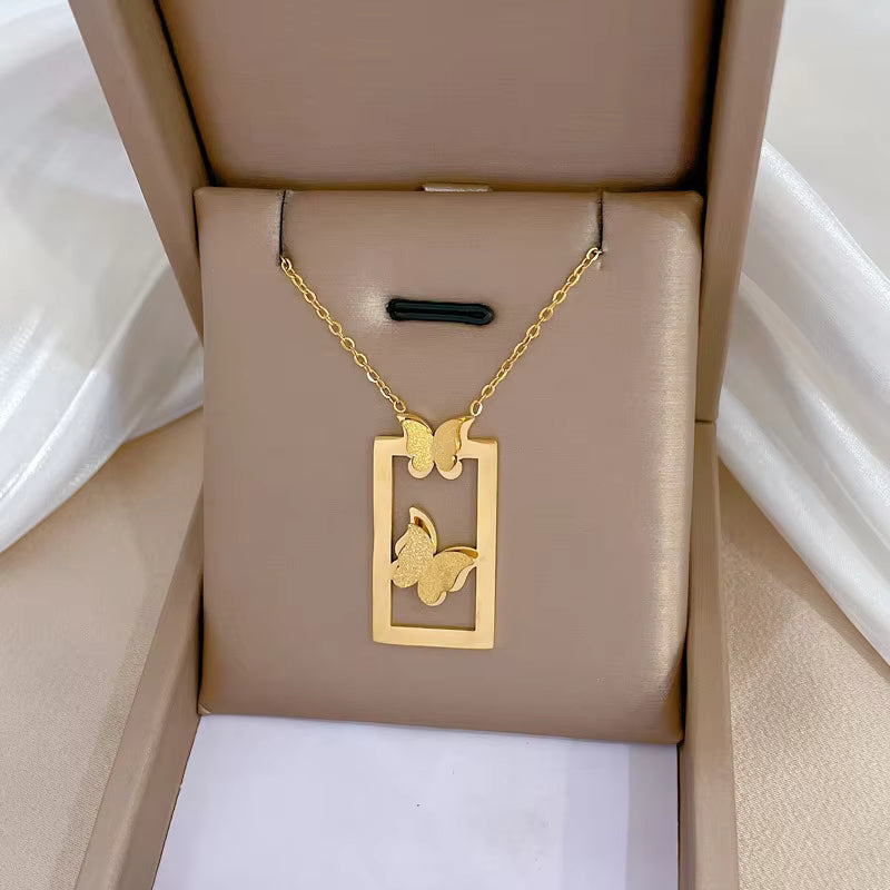 Hot Selling Statement Gold Stainless Steel Heart Butterfly Pendant Necklace