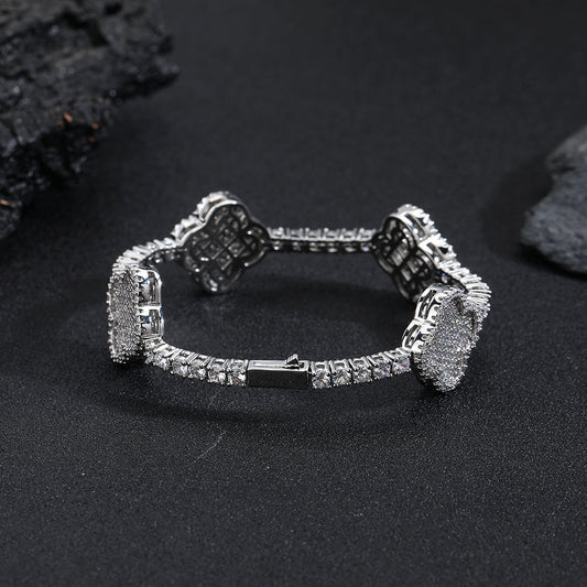 Hip Hop Jewelry Fine Chain Four Leaf Clover Tennis Chain Bracelet for Women/Girls 18K Gold Plated CZ Diamond Tennis Bracelet