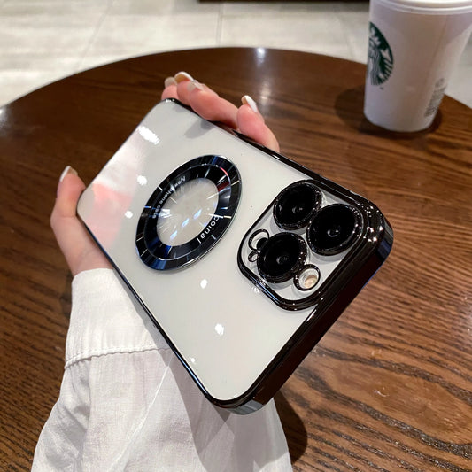 Luxury Electroplated Transparent PC Back Cover Magnetic Cell Phone Case for iPhone 13 14 15 16 Pro Max With Lens Film Protection