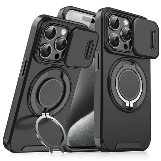 LeYi Heavy Duty Antishock Rotating Stand Phone Case for iPhone 16 Pro Max Magnetic Camera Sliding Cover Shockproof Case